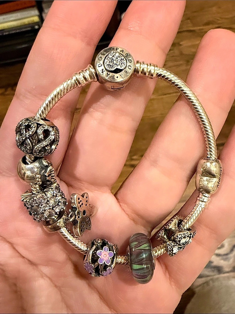 Pandora Moments Snake Chain Bracelet with Mixed Charms Silver & Purple